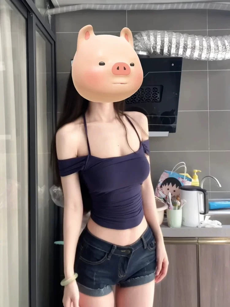 Marineblå skulderfri crop top med synlig ruching langs taljen — Venzelo