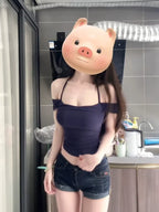 Marineblå halterneck midrietop med åbne skuldre, frontal modelfoto — Venzelo