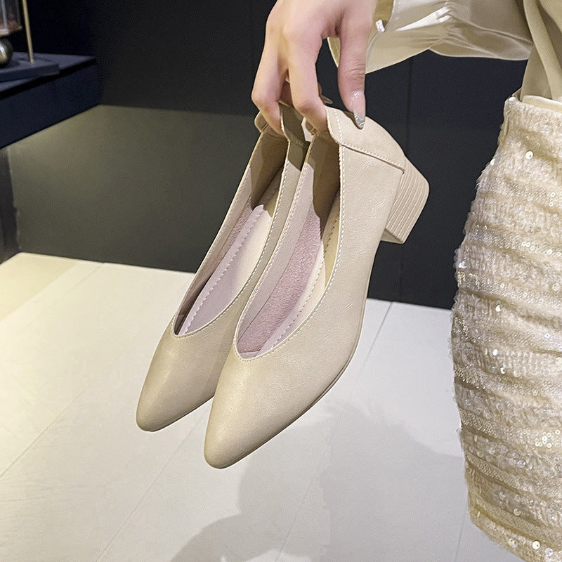 Beige spidssnudet pumps med blokhæl holdt i hånden, viser sideprofil og hældetalje — Venzelo