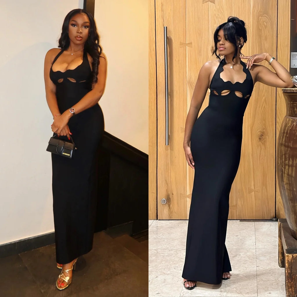 To modeller i sort halterneck maxikjole med cut-out styling til festaften — Venzelo